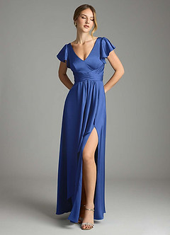 Azazie Omari Robes de demoiselle d'honneur Robe Trapèze en Satin extensible Bleu Roi image1