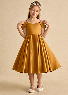 Azazie Favia Flower Girl Dresses Butterscotch A-Line Off the Shoulder Matte Satin Dress image4
