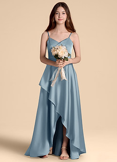 Azazie Prisha Junior Jurk van Stretch Satijn met A-Lijn Geplooid Stoffig Blauw image6