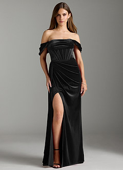 Azazie Amyra Robes de demoiselle d'honneur Robe Fourreau Convertible en velours Épaule décolletée Noir image6
