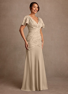 Azazie Jolene Mother of the Bride Dresses Champagne Mermaid Pleated Floral Burnout Dress image3