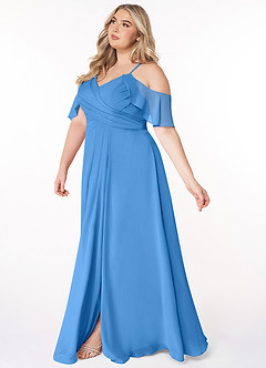Azazie Dakota Vestidos de damas de honor Vestido de Azul Grisaceo de Gasa de Corte en A con Cuello en V plisado image8