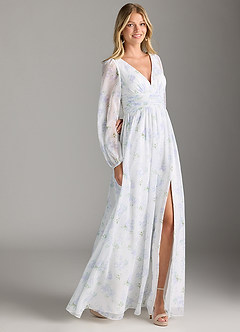 Azazie Norah Robes de demoiselle d'honneur Robe Trapèze en Mousseline de soie Col en V, manches longues Bleu Vintage Florale image4