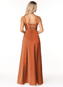 Azazie Marchella Bridesmaid Dresses Cinnamon A-Line Corset Stretch Satin Dress image2