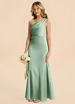 Azazie Ren Junior Agave A-Line Pleated Stretch Satin Dress image2