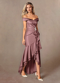 Azazie Billings Mother of the Bride Dresses Vintage Mauve Mermaid Off the Shoulder Stretch Satin Dress image6