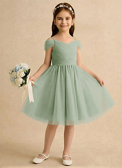 Azazie Lila Girls Formal Robe Demoiselle D'honneur Fillette Robe Trapèze en Tulle Épaule décolletée Vert Sauge image4