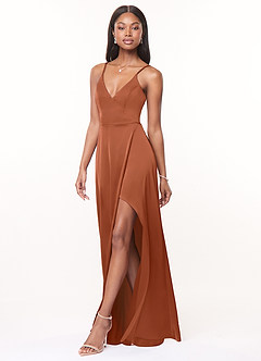 Azazie Maksim Bridesmaid Dresses Cedar Rose A-Line V-Neck Stretch Satin Dress image4
