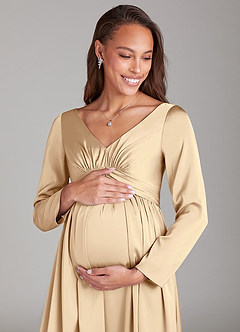 Azazie Teton Final Sale A-Line Long Sleeve Stretch Satin Floor-Length Dress image2