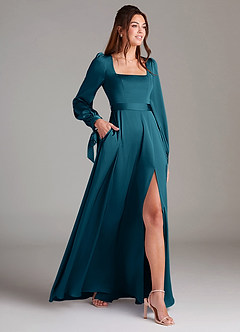 Azazie Leonia Robes de demoiselle d'honneur Robe Trapèze en Satin extensible Manche longue Bleu Encre image4