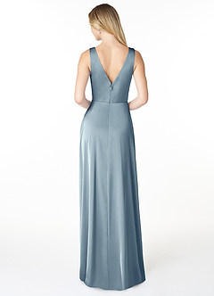 Azazie Nelly Vestidos de damas de honor Vestido de Azul Polvoriento de Satén Elástico de Corte en A con Cuello en V Plisado image2