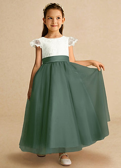 Azazie Pookie Flower Girl Dresses Eucalyptus A-Line Lace Tulle Dress image4