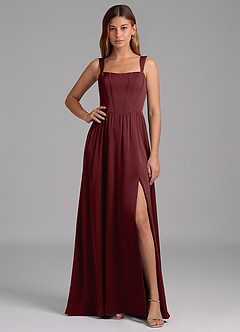 Azazie Rosaline Bridesmaid Dresses Cabernet A-Line Side Slit Stretch Satin Dress image1