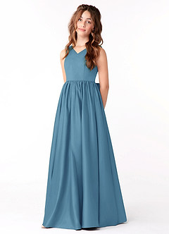 Azazie Hathaway Junior Steel Blue A-Line Bow Matte Satin Dress image3