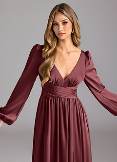 Azazie Norah Vestidos de damas de honor Vestido de Merlot de Satén Elástico de Corte en A image5