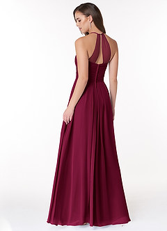 Azazie Ginger Vestidos de damas de honor Vestido Borgoña de Gasa de Línea A con Halter Plisado image4