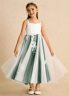 Azazie Coraline Blumenmädchenkleider A-Linie Spitze Kleid Elfenbein Dunkelgrün image3