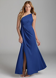 Azazie Mika Junior Robe Trapèze en Satin extensible Plissée Bleu Roi image1