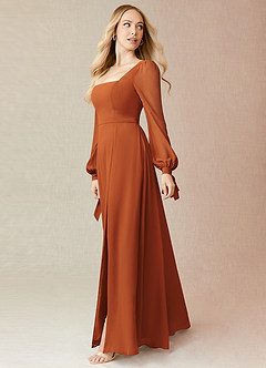Azazie Leonia Bridesmaid Dresses Cinnamon A-Line Long Sleeve Chiffon Dress image4