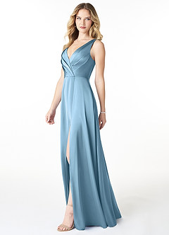 Azazie Nelly Bridesmaid Dresses Steel Blue A-Line V-Neck Pleated Stretch Satin Dress image3