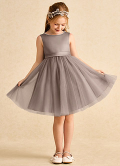 Azazie Jani Flower Girl Dresses Taupe A-Line Bow Tulle Dress image2
