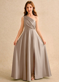 Azazie Puddles Girls Formal Flower Girl Dresses Taupe A-Line One Shoulder Stretch Satin Dress image5