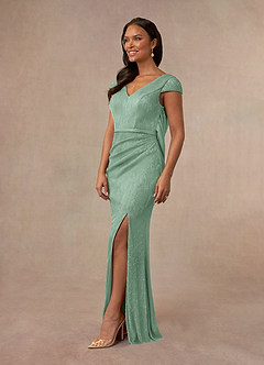 Azazie Galilea Mother of the Bride Dresses Aquamarine Mermaid V-Neck Metallic Mesh Dress image2