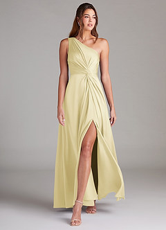 Azazie Brooke Vestidos de madrinha de casamento Vestido Sorvete De Limão de Cetim elástico de Linha A com Um ombro image3