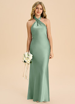 Azazie Chickie Junior 쉬스 주름진 스트레치 새틴 플로어 길이 주니어 신부 들러리 드레스 image3