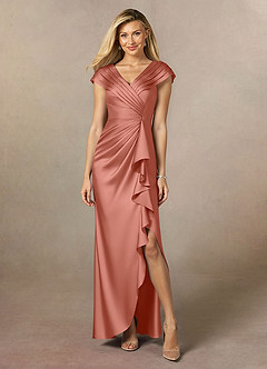 Azazie Anderson Mother of the Bride Dresses Salmon Pink A-Line Pleated Stretch Satin Dress image1