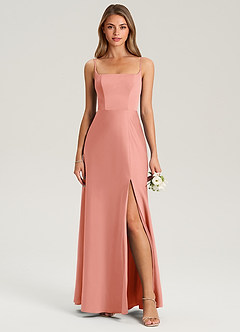 Azazie Lidia Robes de demoiselle d'honneur Robe Sirène en Satin extensible Fente Latérale Corail image4