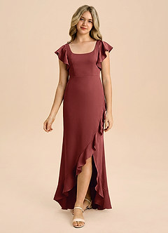 Azazie Demi Junior Robe Sirène en Satin extensible Nœud Terracotta image3