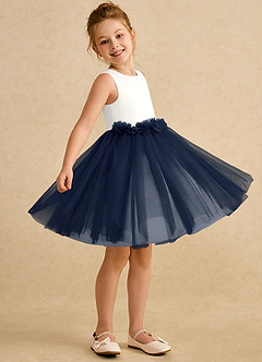 Azazie Louisa Abiti da Ragazza di Fiori Abito A-Line in Tulle Senza Maniche Avorio Blu Scuro image3