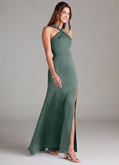 Azazie Rue Bridesmaid Dresses Sea Moss A-Line Pleated Stretch Satin Dress image4