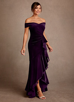 Azazie Billings 신부의 어머니 드레스 인어 오프 더 숄더 벨벳 비대칭 드레스 image4