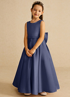 Azazie Pipsy Robe Demoiselle D'honneur Fillette Robe Trapèze en Mat Satiné Arc Bleu Orageux image4