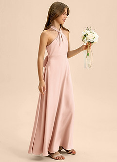 Azazie Beah Junior Rose Gold A-Line Pleated Stretch Satin Dress image6