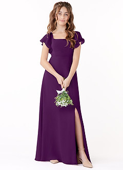 Azazie Bondi Junior Grape A-Line Bow Chiffon Dress image1