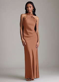 Azazie Cassiana Jurken voor bruidsmeisjes Jurk van Stretch Satijn met Zeemeermin Geplooid Bronzeertint image1