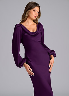 Azazie Rylina Brautjungfernkleider Meerjungfrau-Linie Langarm Stretch-Satin Kleid Traube image6