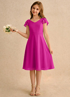 Azazie Narin Girls Formal Robe Demoiselle D'honneur Fillette Robe Trapèze en Mousseline de soie avec manches Fuchsia image1