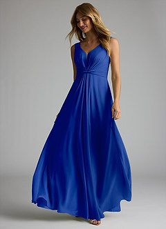 Azazie Gina Robes de demoiselle d'honneur Robe Trapèze en Mousseline de soie Col V plissé Bleu Roi image2