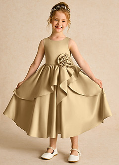 Azazie Hermia vestidos de niña de las flores Vestido de Oro de Satin Mate de Corte En A con Sin mangas image1