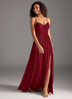 Azazie Zeya At-home Try On Dresses Burgundy A-Line Pleated Mesh Dress image3