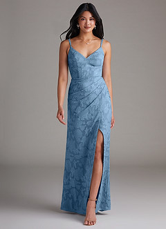 Azazie Leo Bridesmaid Dresses Steel Blue Sheath Pleated Floral Burnout Dress image4