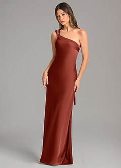 Azazie Monroe Robes de demoiselle d'honneur Robe Sirène en Satin extensible Ue épaule Terracotta image3