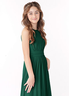 Azazie Bonnie Junior Emerald A-Line Pleated Chiffon Dress image4