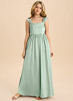 Azazie Hattie Junior Jurk van Stretch Satijn met A-Lijn Geplooid Agave image8