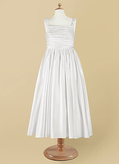 Azazie Cutie Pie Flower Girl Dresses White A-Line Pleated Matte Satin Dress image7
