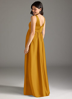 Azazie Yetta Robes de demoiselle d'honneur de maternité Robe Trapèze Plissée Longueur ras du sol Satin extensible image3